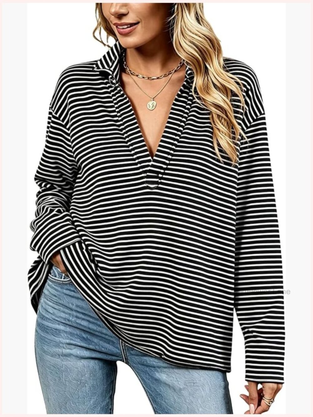 Striped V-Neck Pullover Sweatshirt Long Sleeve Casual Top
